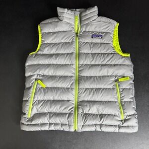 Patagonia Boys Down Sweater Vest Gray Neon Green Size M (10)